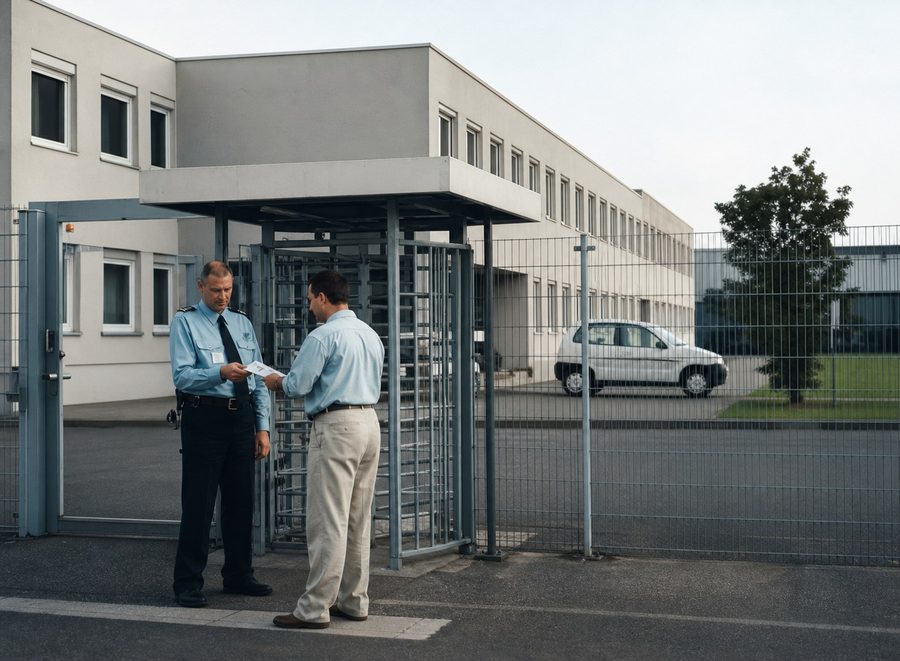 Zwei Mitarbeiter des Markgräfler SicherheitsBüro an einer Zutrittsschleuse vor einem Firmengebäude