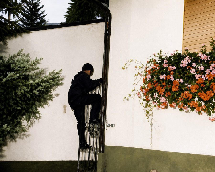 Dunkel gekleidete Person steigt über ein Gartentor an einem Haus mit Blumenschmuck