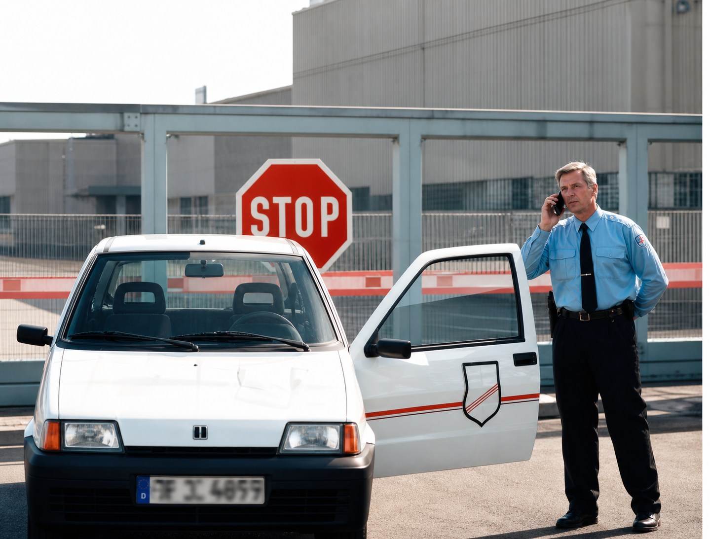 Mitarbeiter neben einem Dienstfahrzeug an einer Grundstückszufahrt
